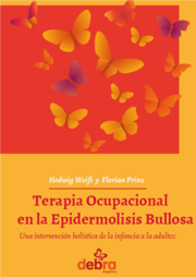 Book Cover in Red and yellow with butterflies and the Title Terapia Ocupacional en la Epidermolisis Bullosa