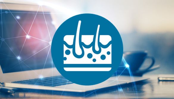 Icon with skin graphic on a background with Laptop and network graphic