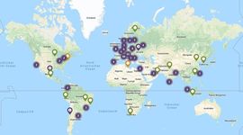 World map with blue, green and orange pins and purple circles marking the location of EB-CLINET partners