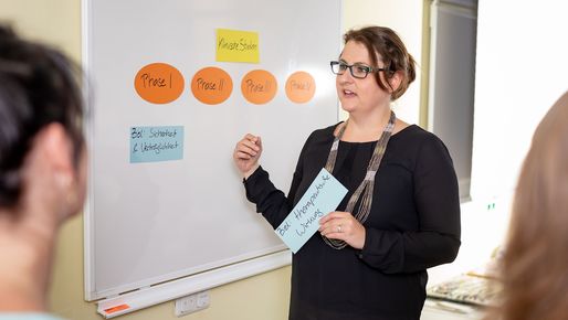 Person standing in front of a whiteboard explaining something to auditors